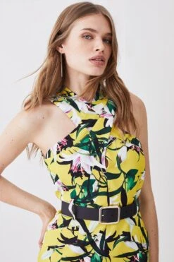 Karen Millen Neon Lily Print Forever Halter Neck Belted Midi Dress