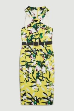 Karen Millen Neon Lily Print Forever Halter Neck Belted Midi Dress -Clothing General Store multi neon lily print forever halter neck belted midi dress 3