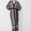 Karen Millen Petite Slinky Jacquard Blouson Sleeve Knitted Maxi Dress
