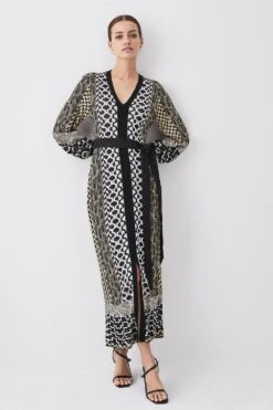 Karen Millen Petite Slinky Jacquard Blouson Sleeve Knitted Maxi Dress
