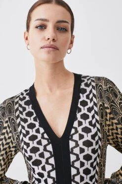 Karen Millen Petite Slinky Jacquard Blouson Sleeve Knitted Maxi Dress -Clothing General Store natural petite slinky jacquard blouson sleeve knitted maxi dress 3