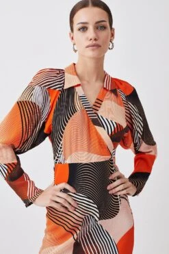 Karen Millen Petite Spliced Geo Collared Batwing Midi Dress -Clothing General Store orange petite spliced geo collared batwing midi dress 3