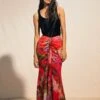 Karen Millen Red Floral Georgette Ruched Front Midi Skirt