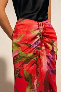 Karen Millen Red Floral Georgette Ruched Front Midi Skirt -Clothing General Store red floral georgette ruched front midi skirt 2