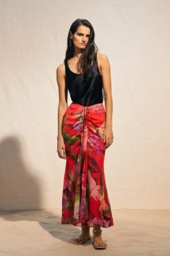 Karen Millen Red Floral Georgette Ruched Front Midi Skirt