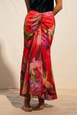 Karen Millen Red Floral Georgette Ruched Front Midi Skirt -Clothing General Store red floral georgette ruched front midi skirt 4