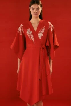 Karen Millen The Founder Kimono Style Embroidered Midi Dress 11 Karen Millen The Founder Kimono Style Embroidered Midi Dress -Clothing General Store red the founder kimono style embroidered midi dress 4