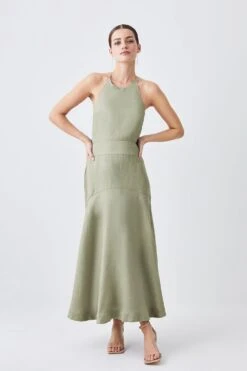 Karen Millen Petite Linen Viscose Halterneck Maxi Dress