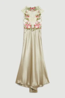 Karen Millen Tall Guipure Lace Satin Maxi Dress -Clothing General Store sage tall guipure lace satin maxi dress 1 3