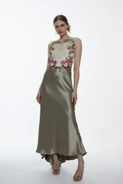 Karen Millen Tall Guipure Lace Satin Maxi Dress -Clothing General Store sage tall guipure lace satin maxi dress 1 4