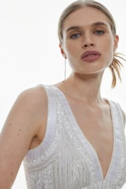 Karen Millen Armour Beaded Detailed Woven Mini Dress -Clothing General Store white armour beaded detailed woven mini dress 4