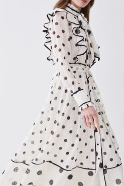 Karen Millen Mixed Dot Piped Ruffle Georgette Midi Dress