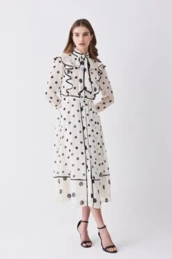Karen Millen Mixed Dot Piped Ruffle Georgette Midi Dress -Clothing General Store white mixed dot piped ruffle georgette midi dress 3