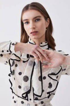 Karen Millen Mixed Dot Piped Ruffle Georgette Midi Dress -Clothing General Store white mixed dot piped ruffle georgette midi dress 5